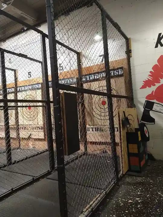 Interior view of Throw It! axe throwing facility in San Diego